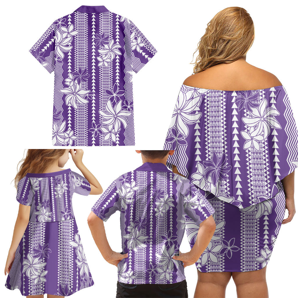 Hawaii Kakau Tribal Family Matching Off Shoulder Short Dress and Hawaiian Shirt With Purple Tiare
