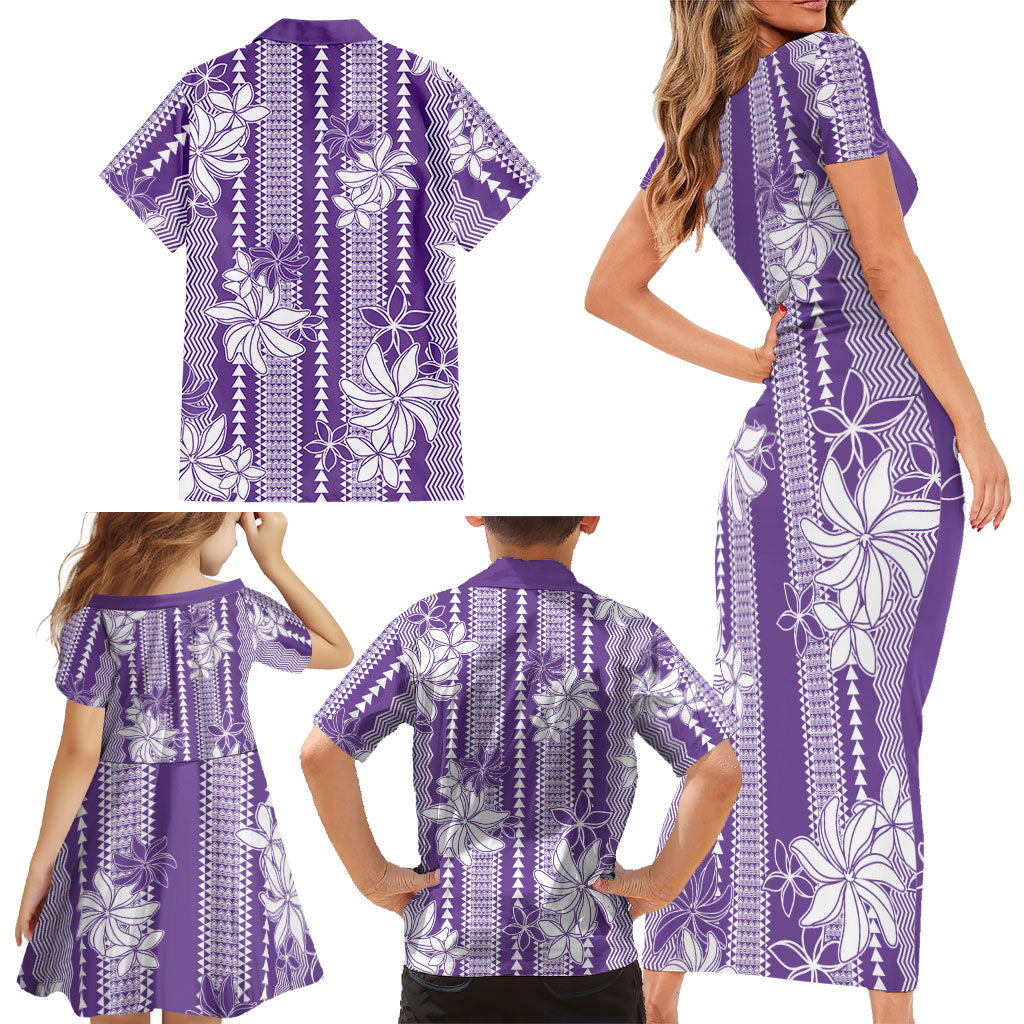 Hawaii Kakau Tribal Family Matching Short Sleeve Bodycon Dress and Hawaiian Shirt With Purple Tiare