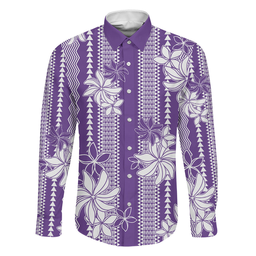 Hawaii Kakau Tribal Family Matching Summer Maxi Dress and Hawaiian Shirt With Purple Tiare