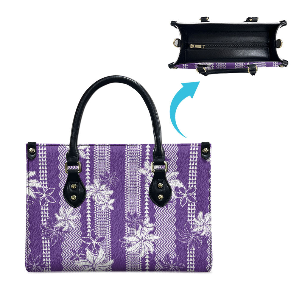 Hawaii Kakau Tribal Leather Bag With Purple Tiare LT05 - Polynesian Pride