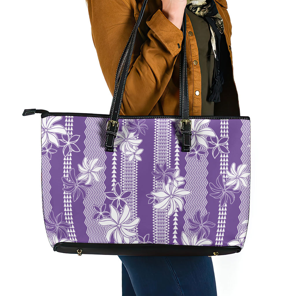 Hawaii Kakau Tribal Leather Tote Bag With Purple Tiare LT05 - Polynesian Pride