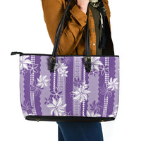 Hawaii Kakau Tribal Leather Tote Bag With Purple Tiare LT05 - Polynesian Pride