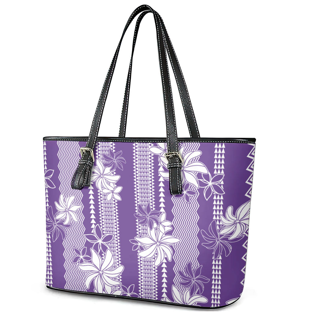 Hawaii Kakau Tribal Leather Tote Bag With Purple Tiare LT05 - Polynesian Pride