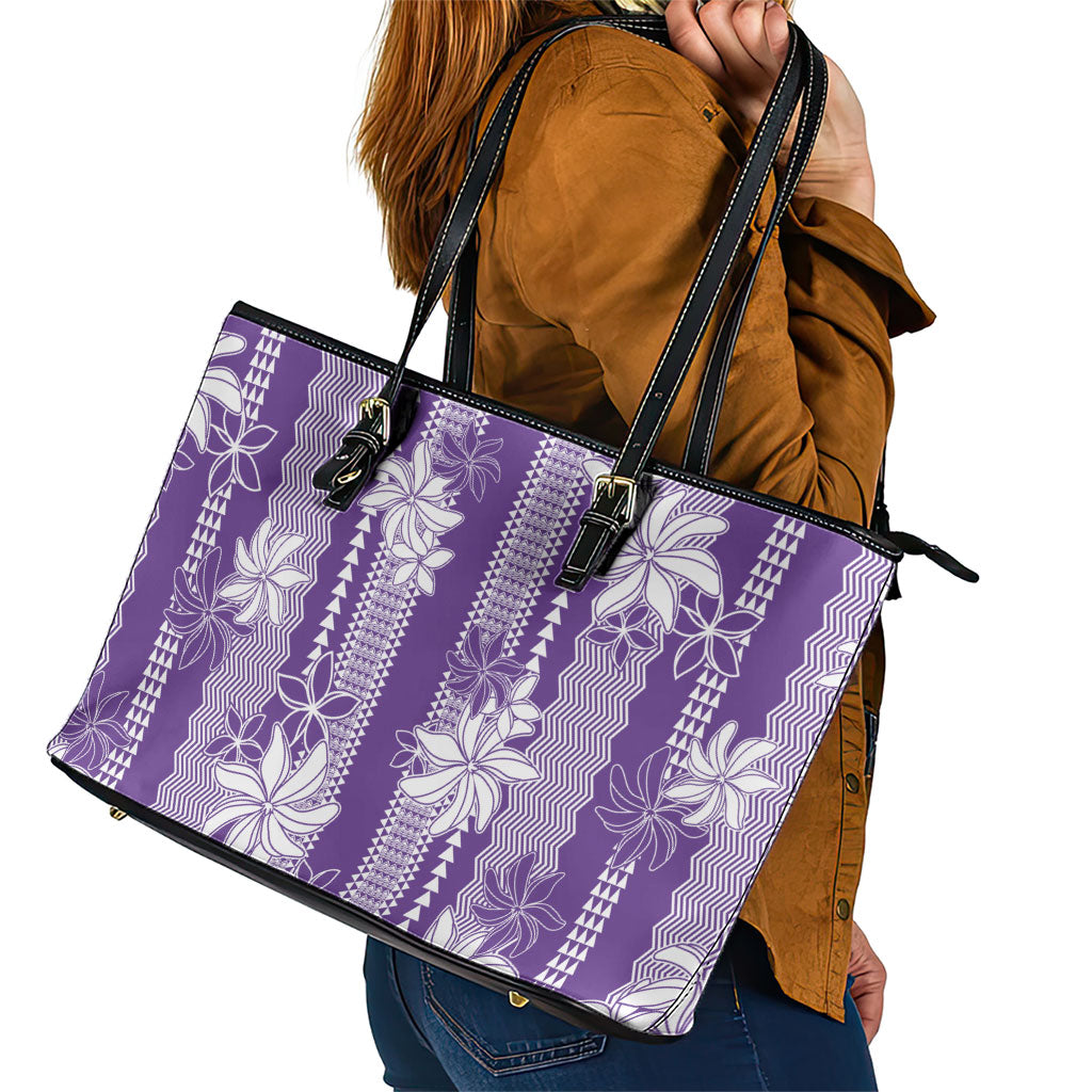 Hawaii Kakau Tribal Leather Tote Bag With Purple Tiare LT05 - Polynesian Pride