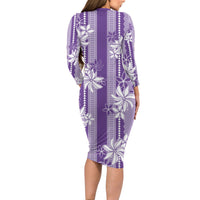 Hawaii Kakau Tribal Long Sleeve Bodycon Dress With Purple Tiare LT05 - Polynesian Pride