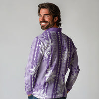 Hawaii Kakau Tribal Long Sleeve Polo Shirt With Purple Tiare