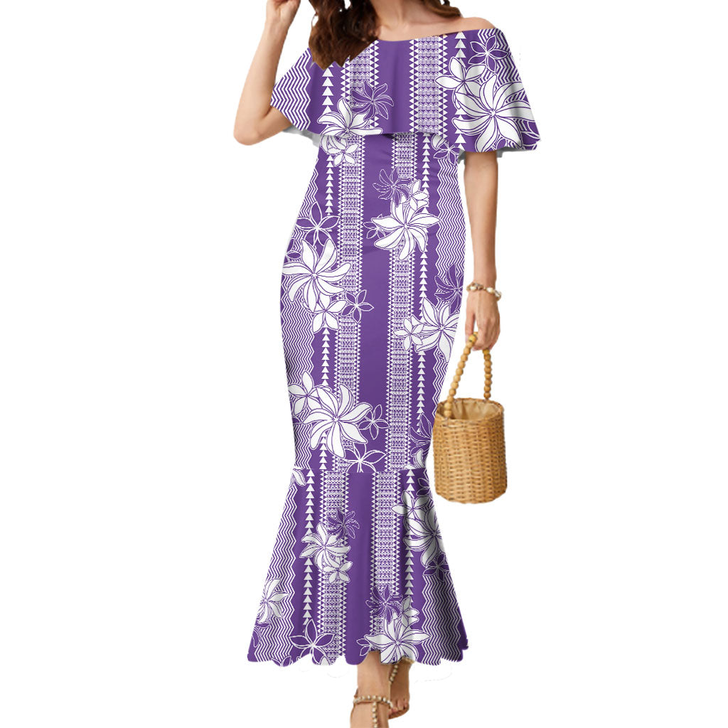 Hawaii Kakau Tribal Mermaid Dress With Purple Tiare LT05 Women Purple - Polynesian Pride