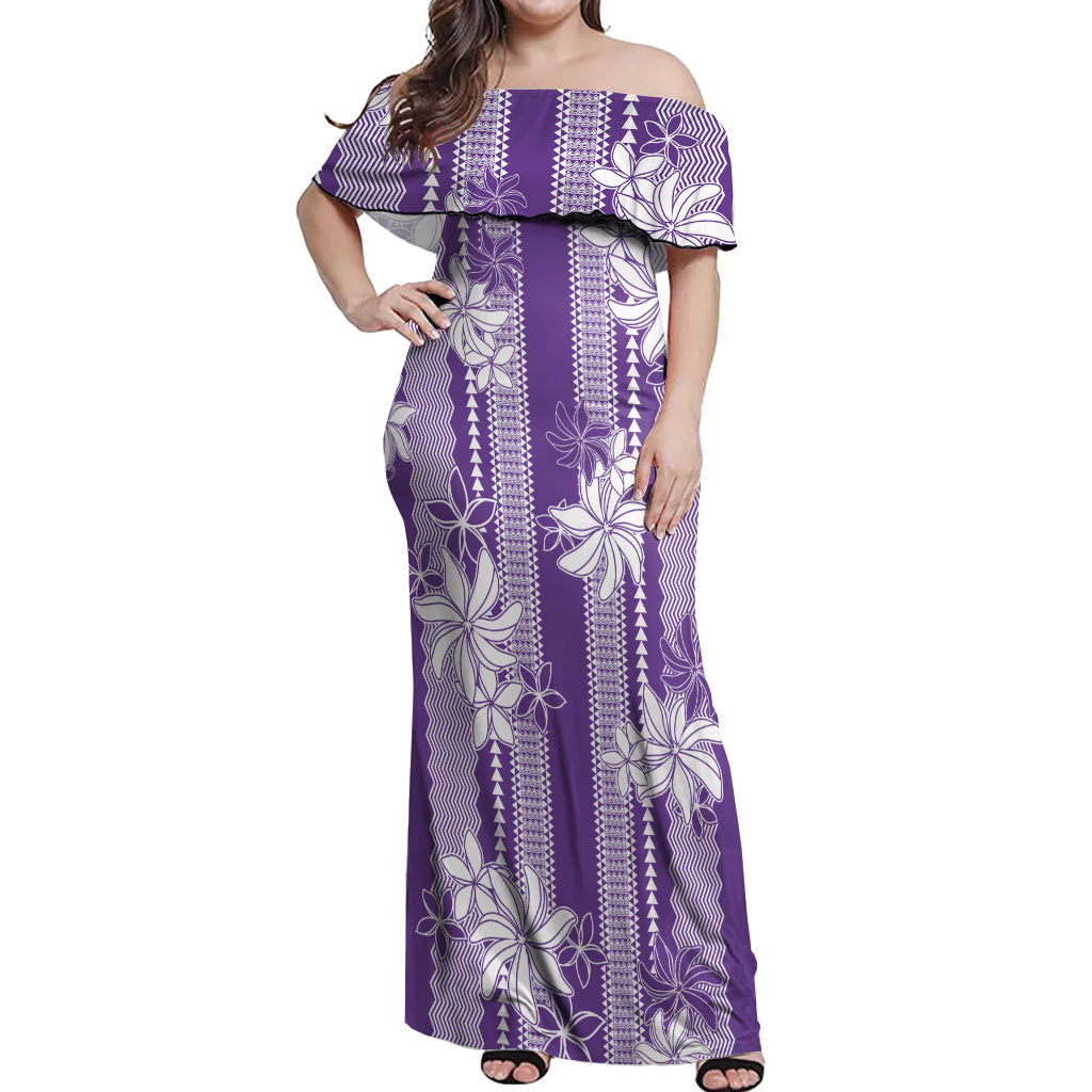 Hawaii Kakau Tribal Off Shoulder Maxi Dress With Purple Tiare LT05 Women Purple - Polynesian Pride