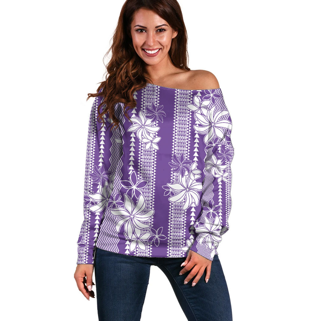 Hawaii Kakau Tribal Off Shoulder Sweater With Purple Tiare LT05 Women Purple - Polynesian Pride