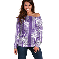 Hawaii Kakau Tribal Off Shoulder Sweater With Purple Tiare LT05 Women Purple - Polynesian Pride