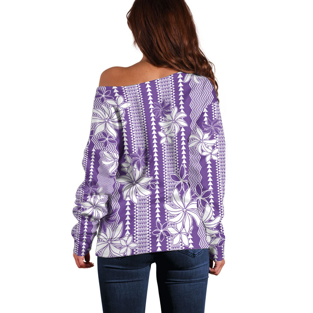 Hawaii Kakau Tribal Off Shoulder Sweater With Purple Tiare LT05 - Polynesian Pride