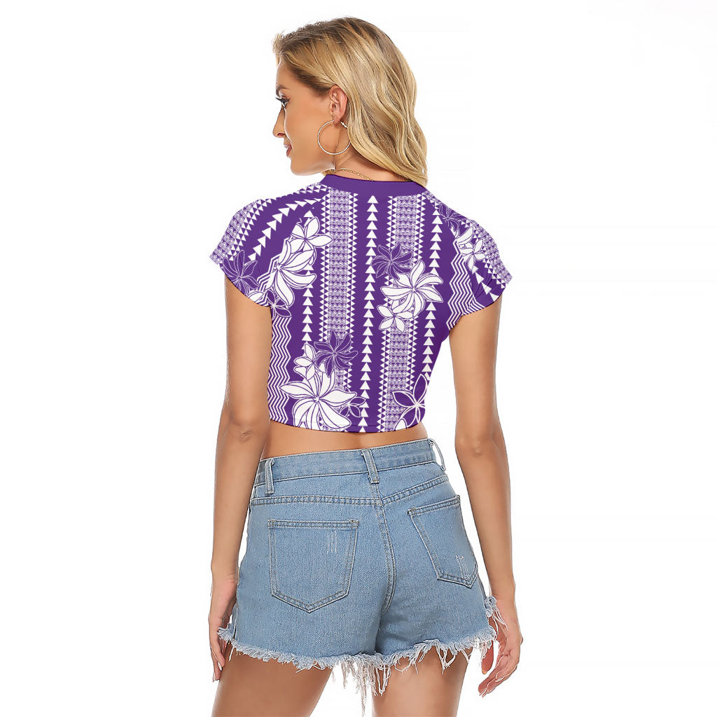 Hawaii Kakau Tribal Raglan Cropped T Shirt With Purple Tiare LT05 - Polynesian Pride