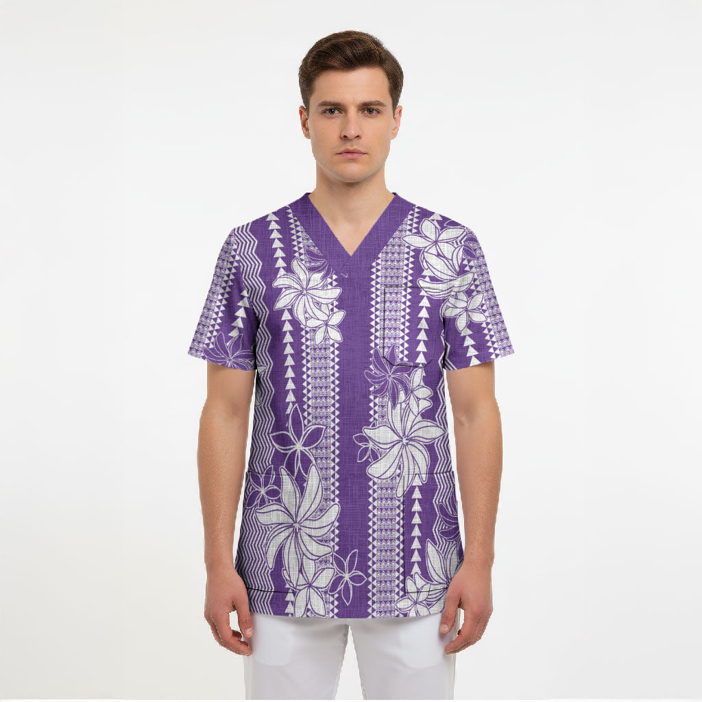 Hawaii Kakau Tribal Scrub Top With Purple Tiare LT05 - Polynesian Pride