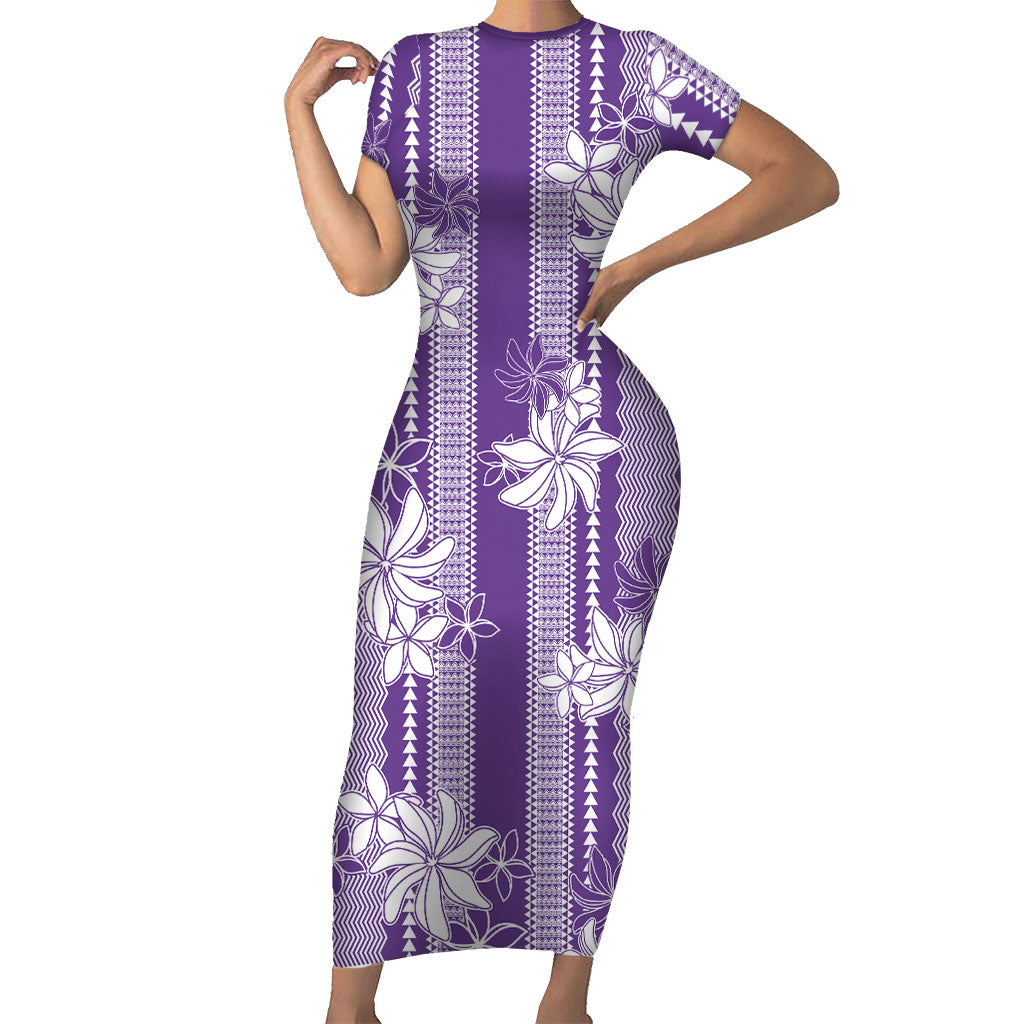 Hawaii Kakau Tribal Short Sleeve Bodycon Dress With Purple Tiare LT05 Long Dress Purple - Polynesian Pride