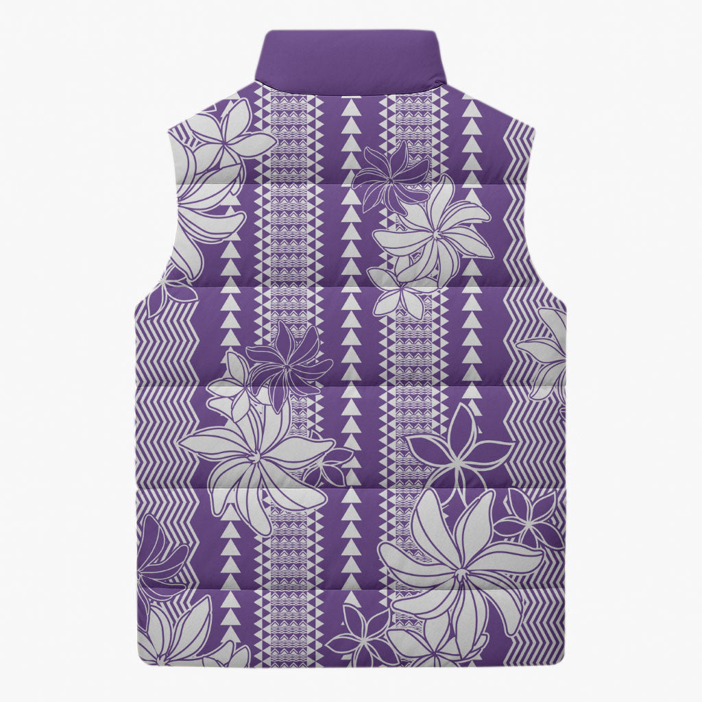 Hawaii Kakau Tribal Sleeveless Puffer Jacket With Purple Tiare LT05 - Polynesian Pride