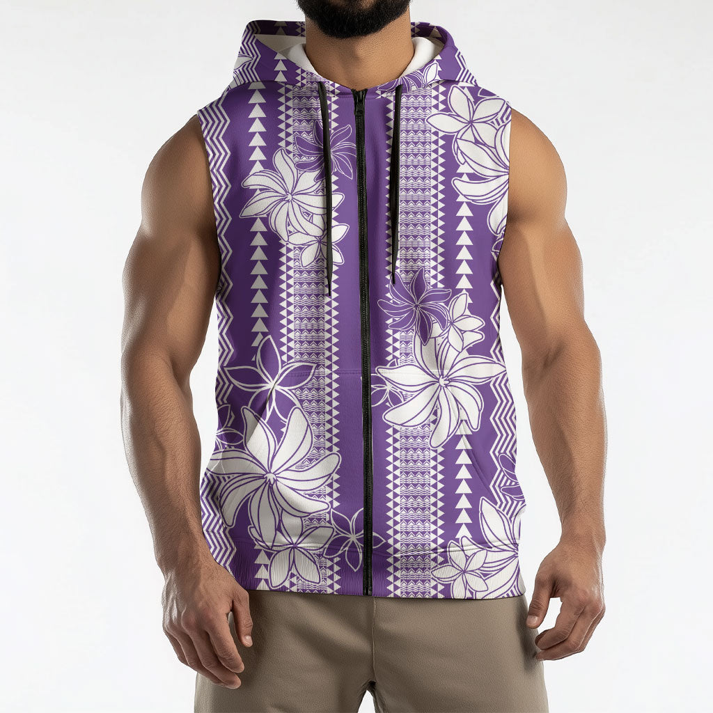 Hawaii Kakau Tribal Sleeveless Zip Hoodie With Purple Tiare LT05 - Polynesian Pride