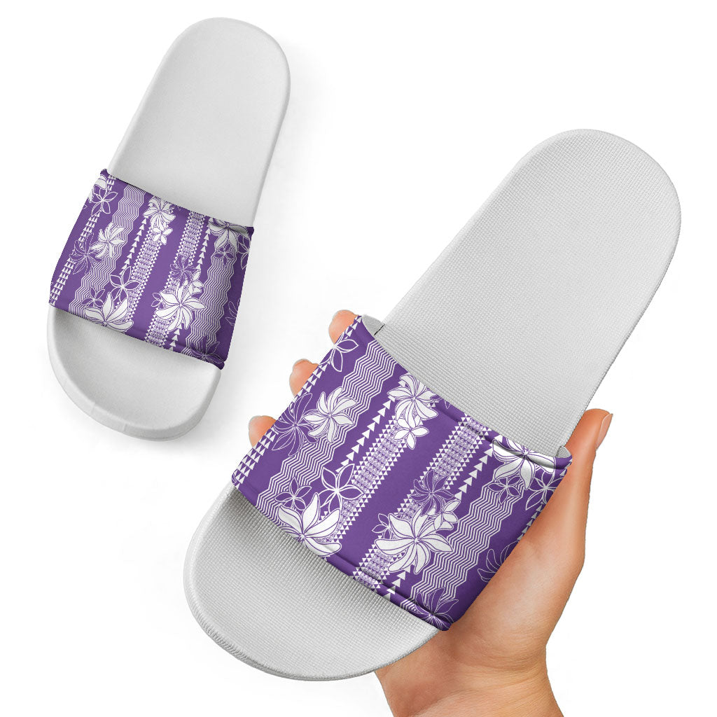 Hawaii Kakau Tribal Slide Sandals With Purple Tiare LT05 - Polynesian Pride