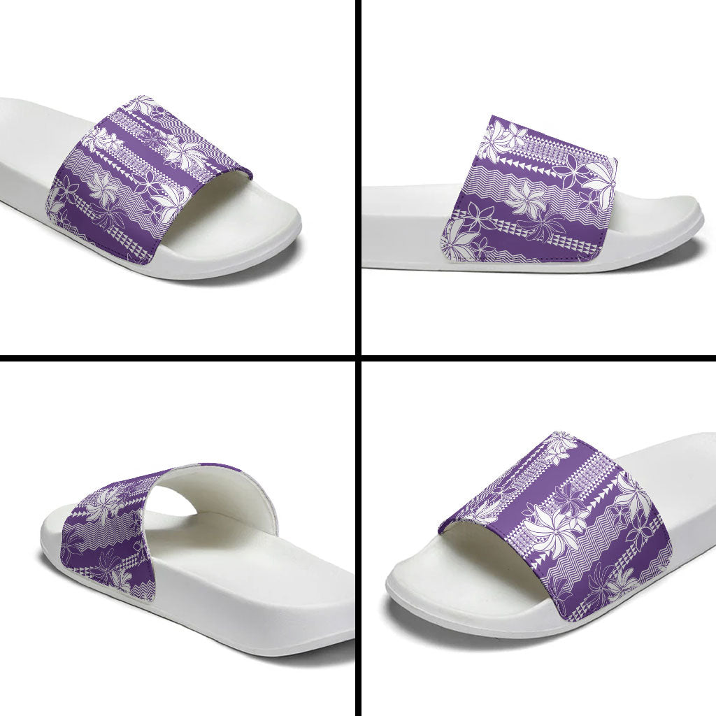 Hawaii Kakau Tribal Slide Sandals With Purple Tiare LT05 - Polynesian Pride