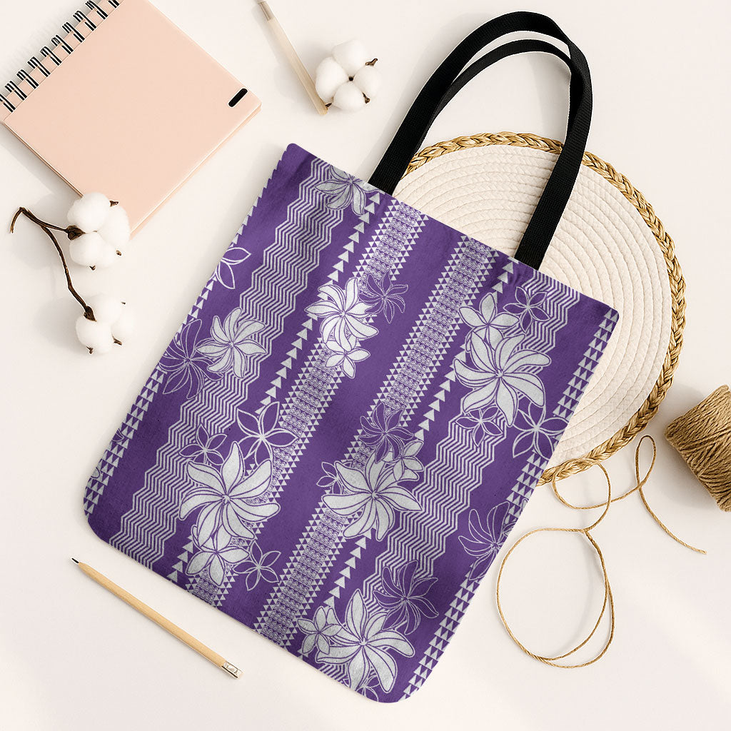 Hawaii Kakau Tribal Tote Bag With Purple Tiare LT05 Black Strap One Size Purple - Polynesian Pride