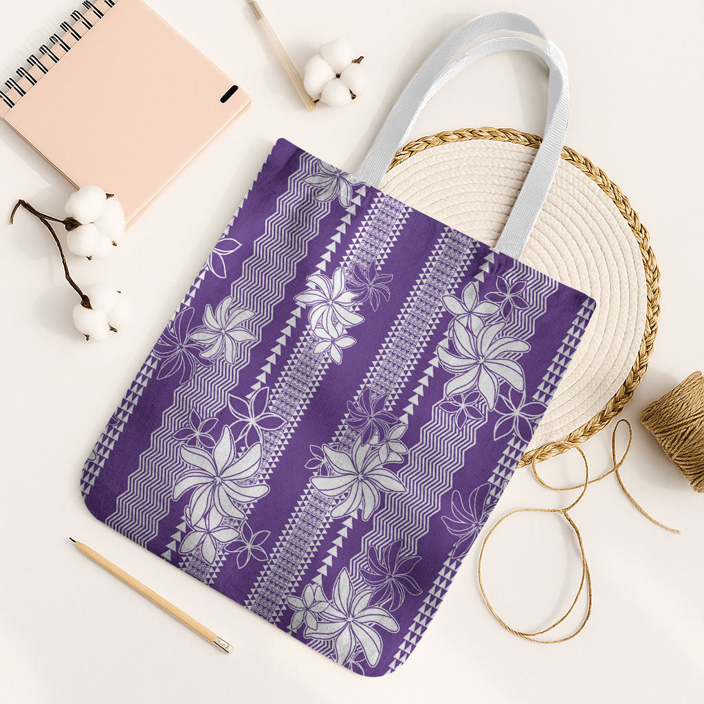 Hawaii Kakau Tribal Tote Bag With Purple Tiare LT05 White Strap One Size Purple - Polynesian Pride