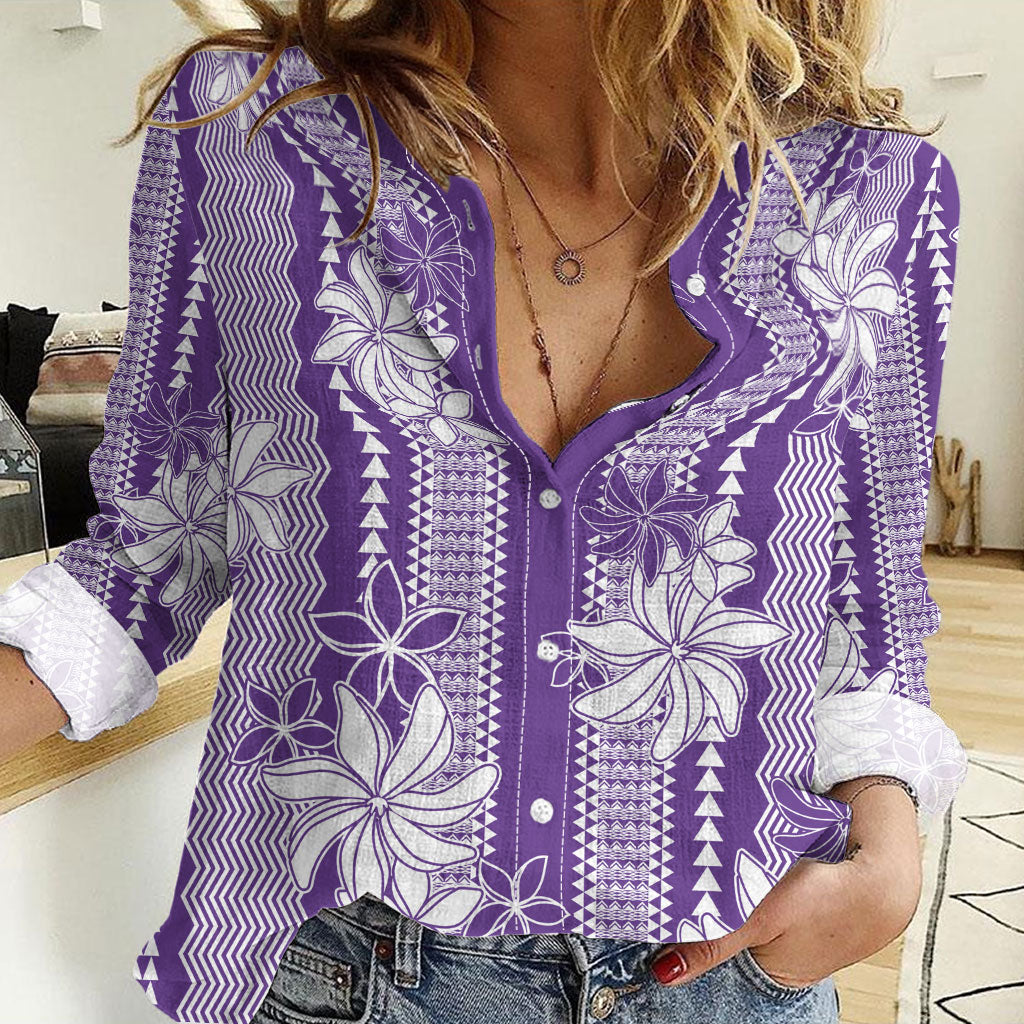 Hawaii Kakau Tribal Women Casual Shirt With Purple Tiare