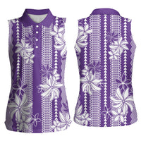 Hawaii Kakau Tribal Women Sleeveless Polo Shirt With Purple Tiare