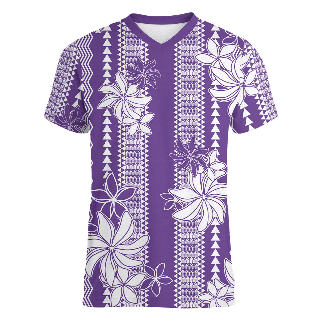 Hawaii Kakau Tribal Women V-Neck T-Shirt With Purple Tiare