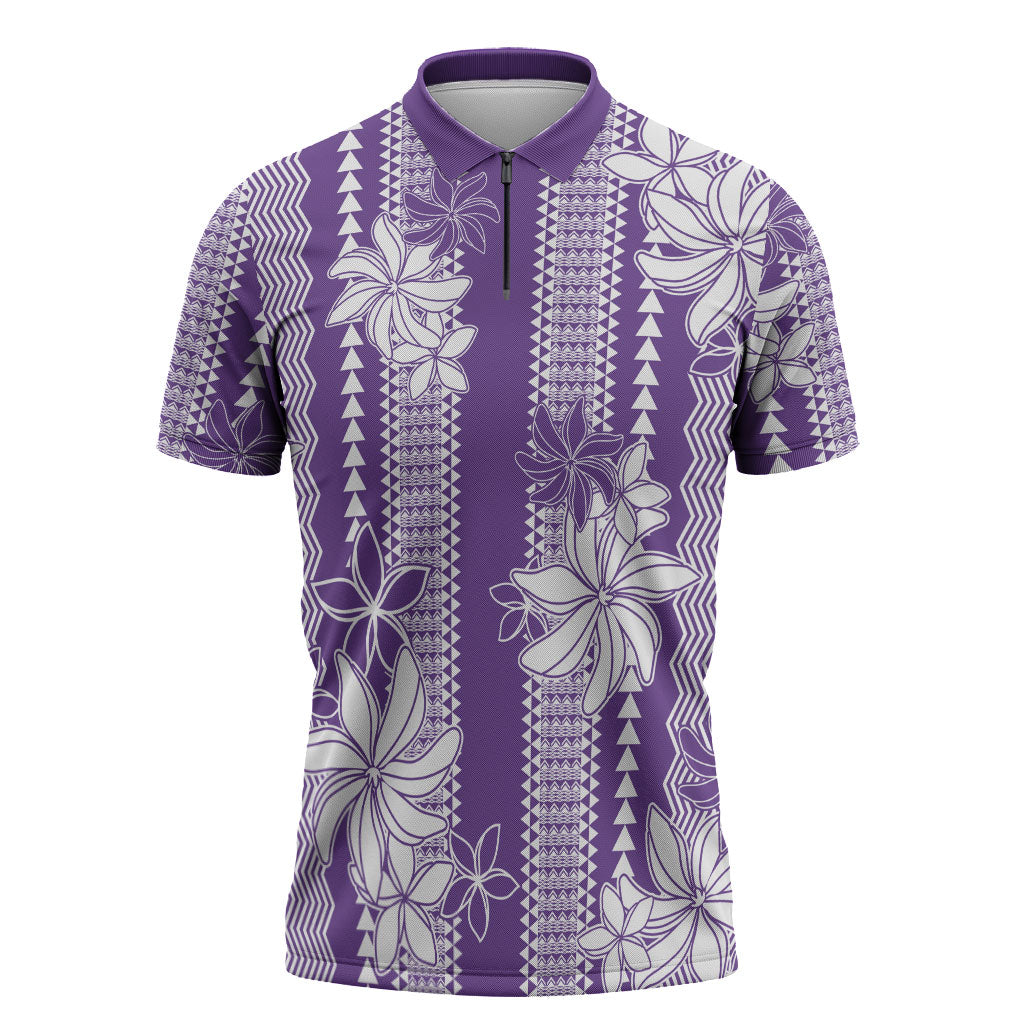 Hawaii Kakau Tribal Zipper Polo Shirt With Purple Tiare LT05 Purple - Polynesian Pride