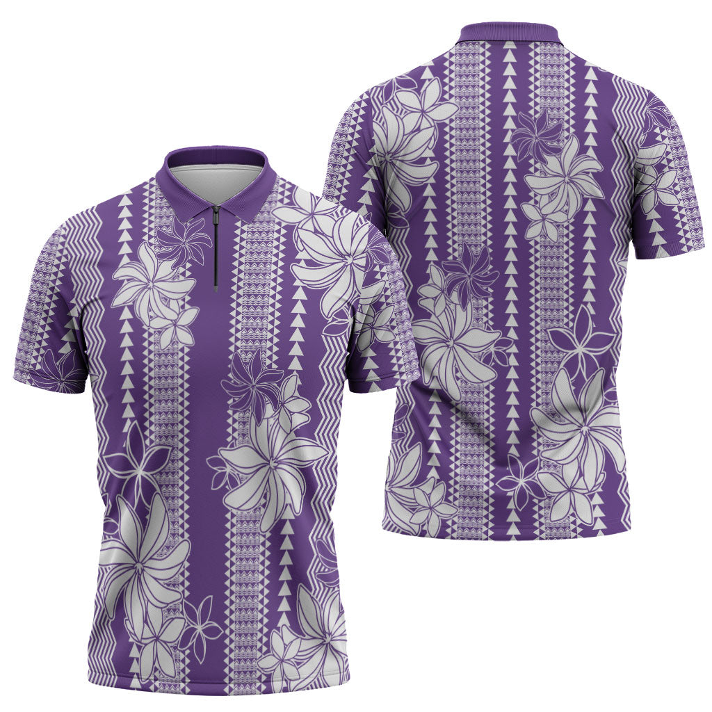 Hawaii Kakau Tribal Zipper Polo Shirt With Purple Tiare LT05 - Polynesian Pride