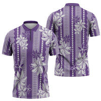 Hawaii Kakau Tribal Zipper Polo Shirt With Purple Tiare LT05 - Polynesian Pride