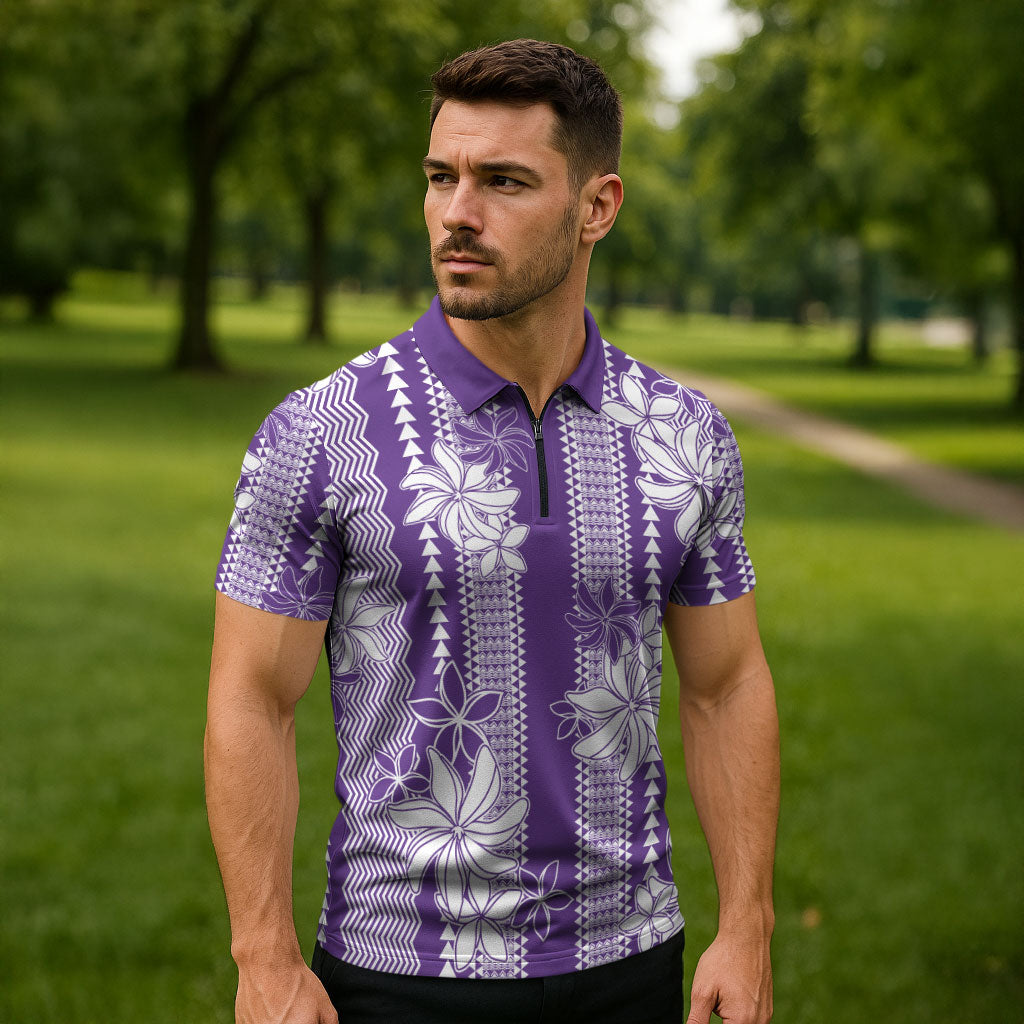 Hawaii Kakau Tribal Zipper Polo Shirt With Purple Tiare LT05 - Polynesian Pride