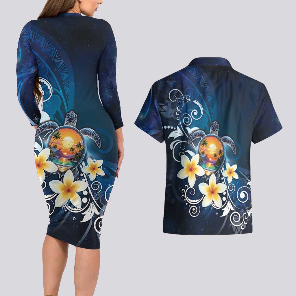 Hawaii Honu Couples Matching Long Sleeve Bodycon Dress and Hawaiian Shirt Polynesian Curves Plumeria - Polynesian Pride