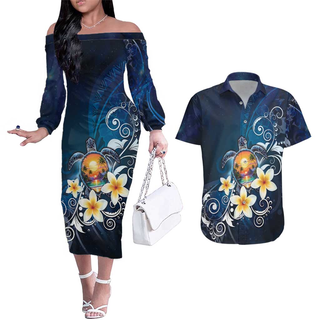 Hawaii Honu Couples Matching Off The Shoulder Long Sleeve Dress and Hawaiian Shirt Polynesian Curves Plumeria - Polynesian Pride
