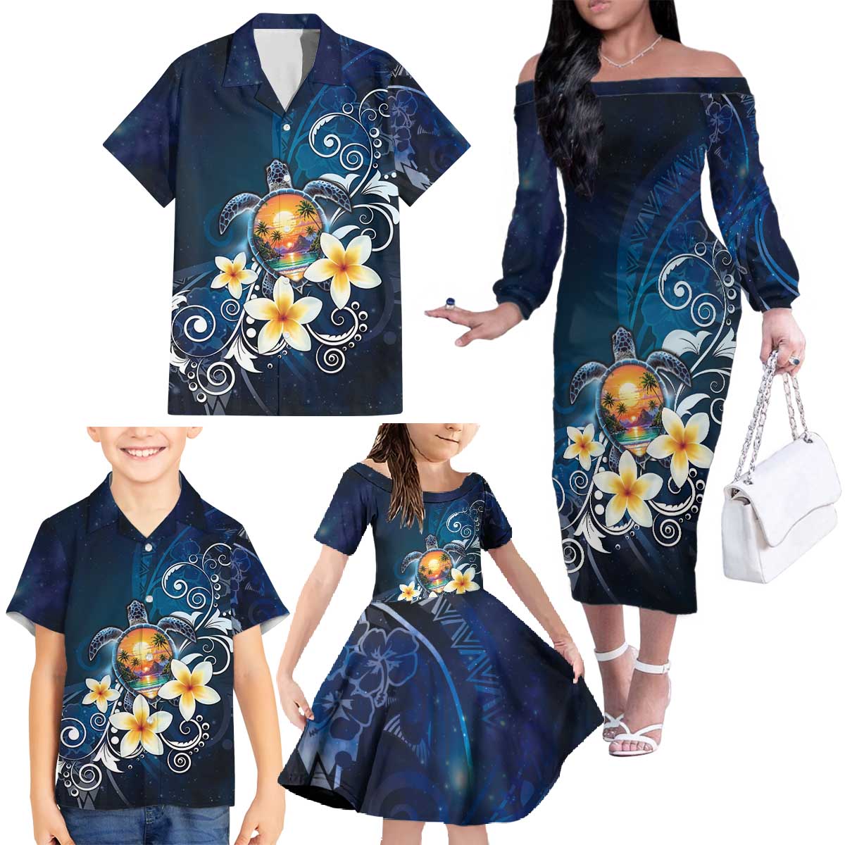 Hawaii Honu Family Matching Off The Shoulder Long Sleeve Dress and Hawaiian Shirt Polynesian Curves Plumeria - Polynesian Pride