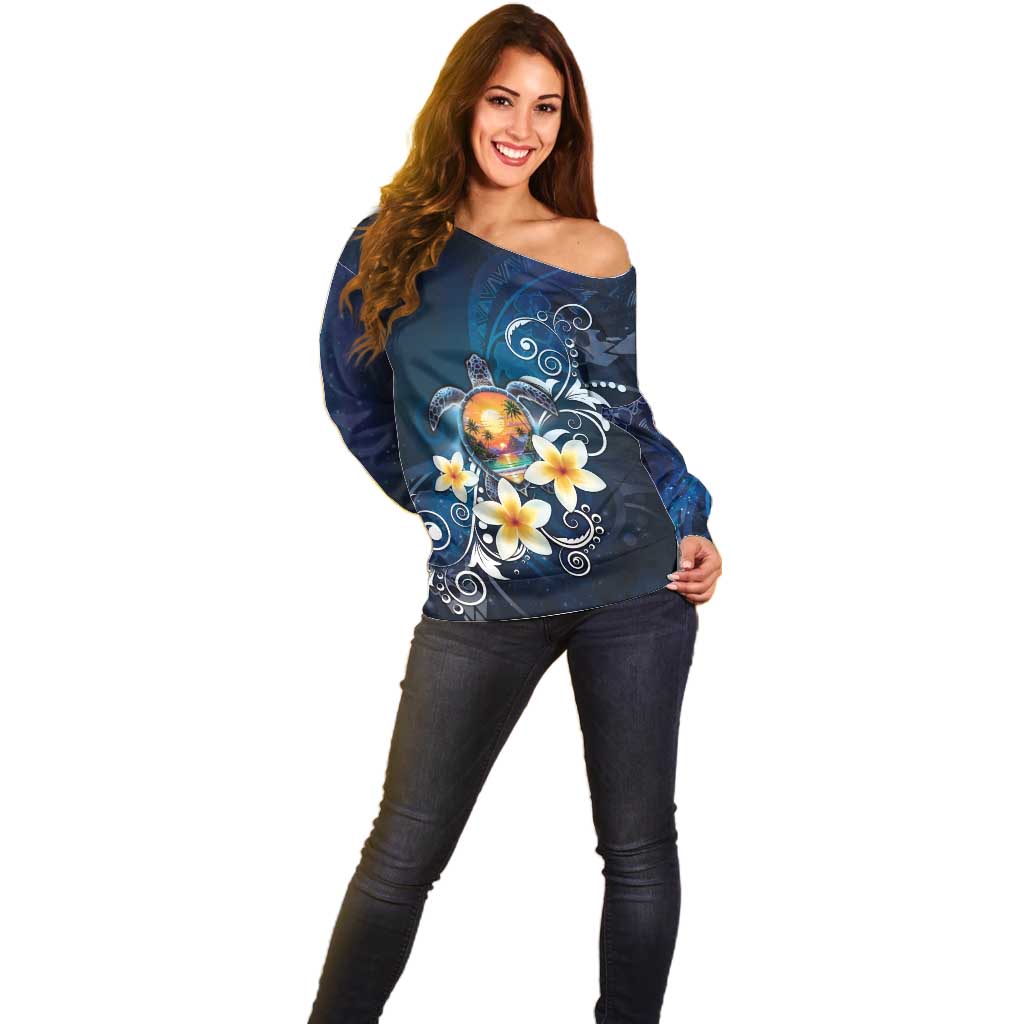 Hawaii Honu Off Shoulder Sweater Polynesian Curves Plumeria - Polynesian Pride