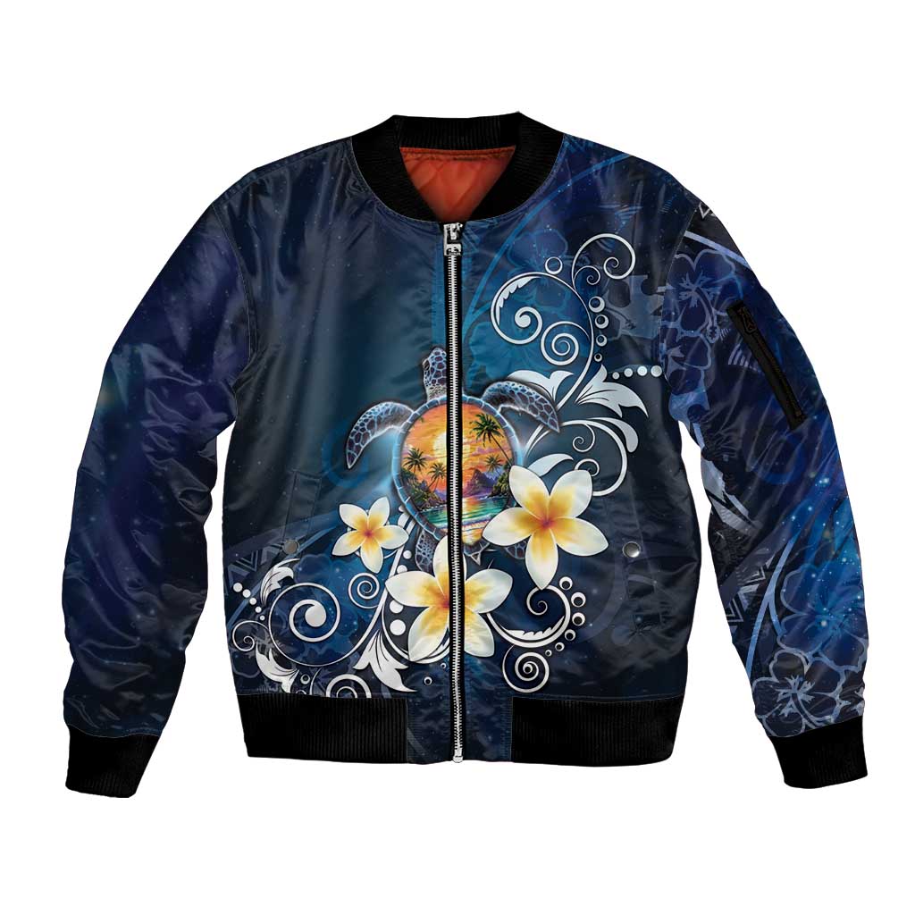 Hawaii Honu Sleeve Zip Bomber Jacket Polynesian Curves Plumeria - Polynesian Pride