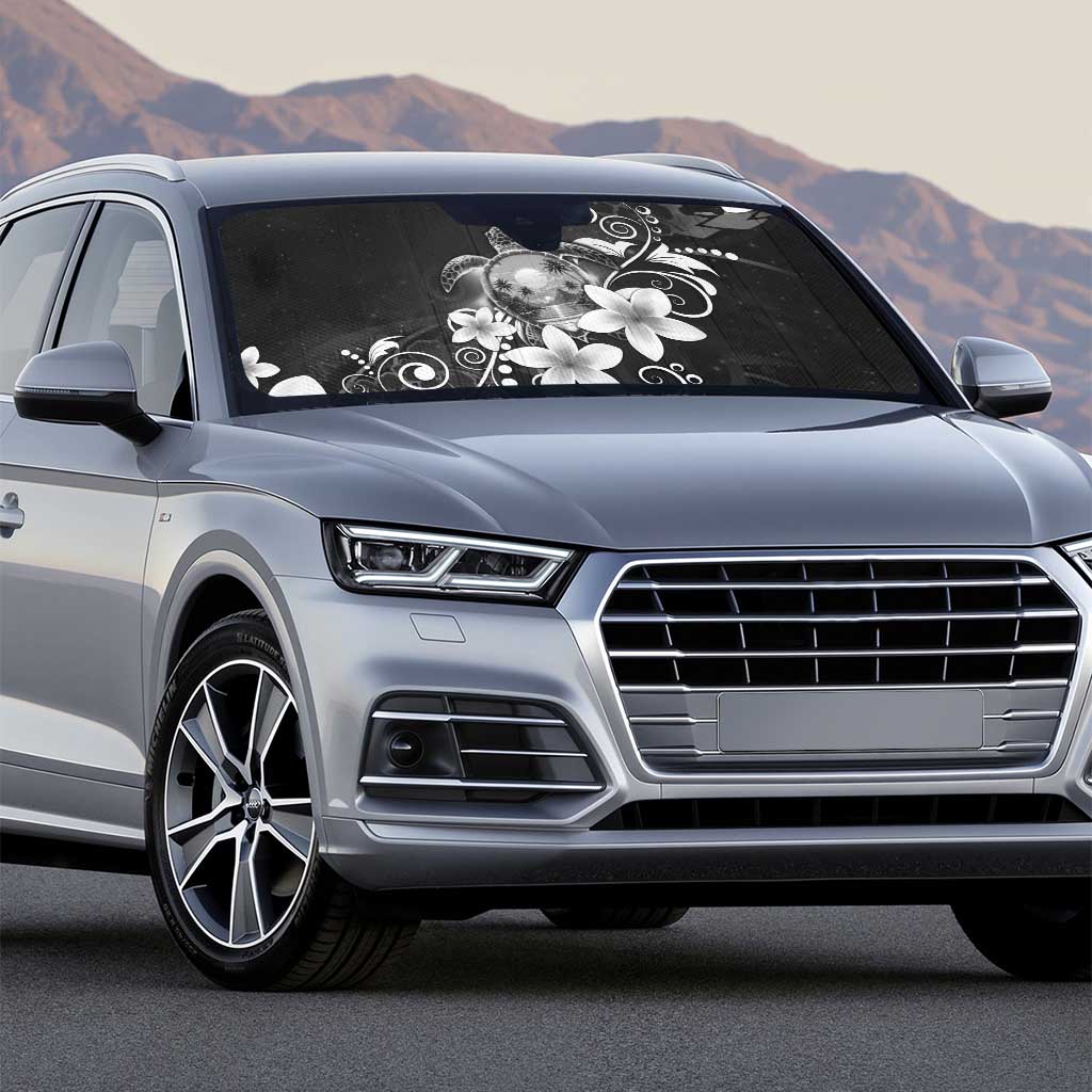 Hawaii Honu Auto Sun Shade Polynesian Curves Plumeria Grayscale - Polynesian Pride