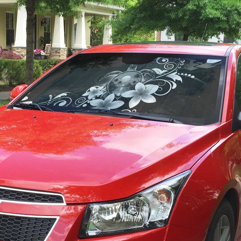 Hawaii Honu Auto Sun Shade Polynesian Curves Plumeria Grayscale - Polynesian Pride