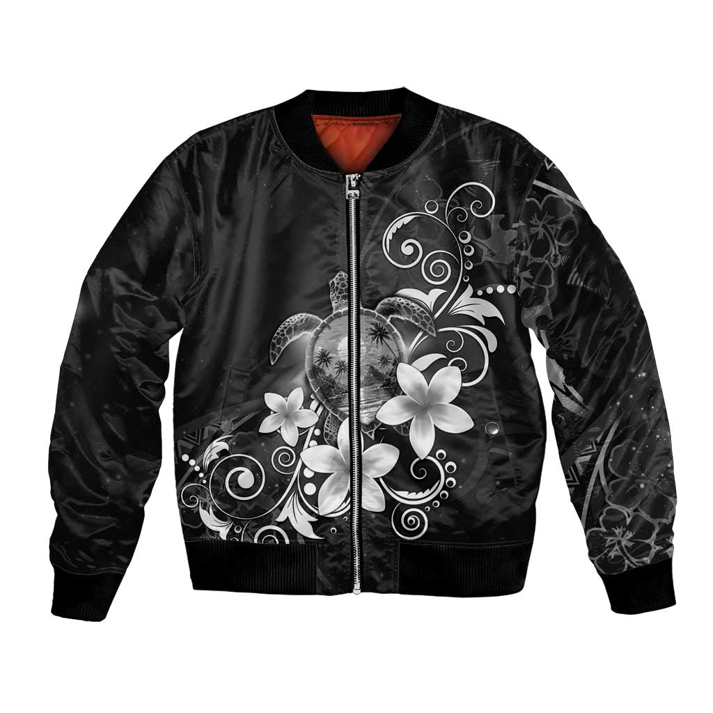Hawaii Honu Bomber Jacket Polynesian Curves Plumeria Grayscale - Polynesian Pride