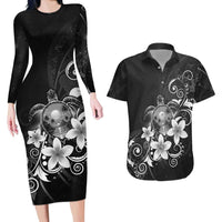 Hawaii Honu Couples Matching Long Sleeve Bodycon Dress and Hawaiian Shirt Polynesian Curves Plumeria Grayscale - Polynesian Pride