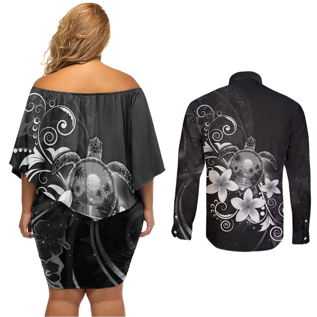 Hawaii Honu Couples Matching Off Shoulder Short Dress and Long Sleeve Button Shirt Polynesian Curves Plumeria Grayscale - Polynesian Pride