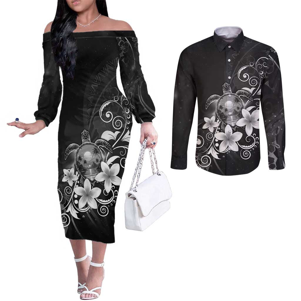 Hawaii Honu Couples Matching Off The Shoulder Long Sleeve Dress and Long Sleeve Button Shirt Polynesian Curves Plumeria Grayscale - Polynesian Pride