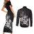 Hawaii Honu Couples Matching Short Sleeve Bodycon Dress and Long Sleeve Button Shirt Polynesian Curves Plumeria Grayscale - Polynesian Pride