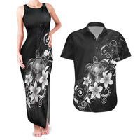 Hawaii Honu Couples Matching Tank Maxi Dress and Hawaiian Shirt Polynesian Curves Plumeria Grayscale - Polynesian Pride