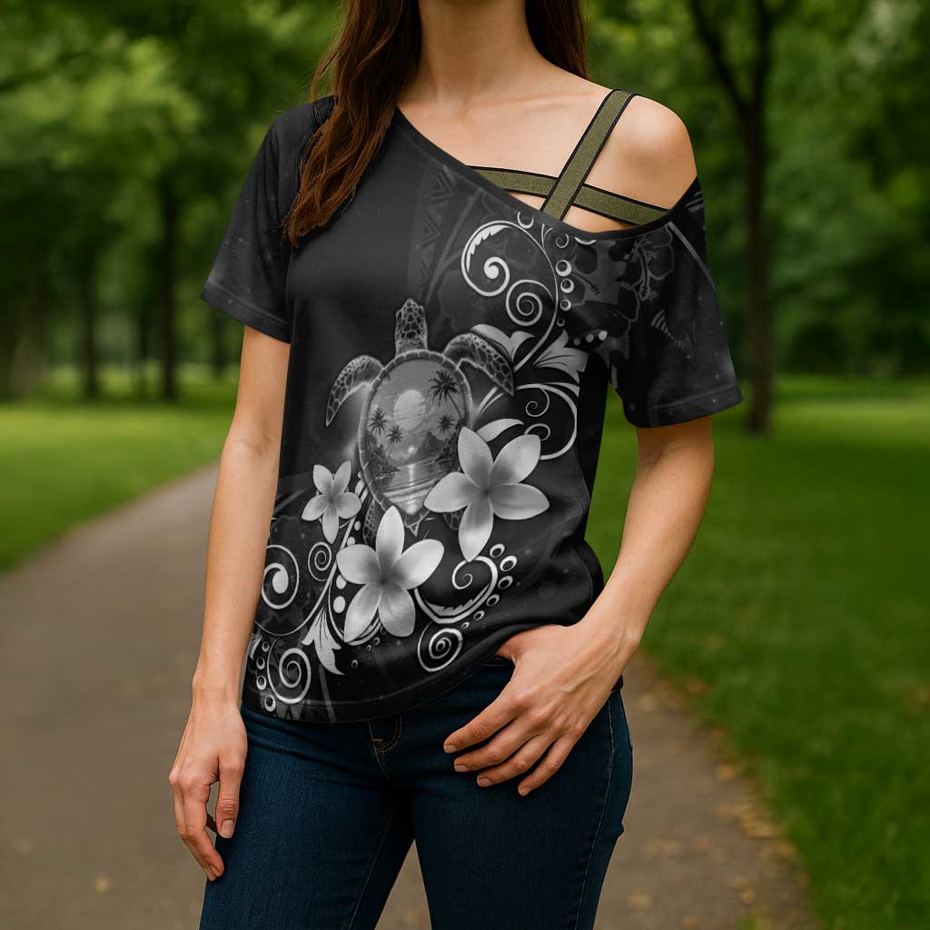Hawaii Honu Cross Shoulder Shirt Polynesian Curves Plumeria Grayscale - Polynesian Pride