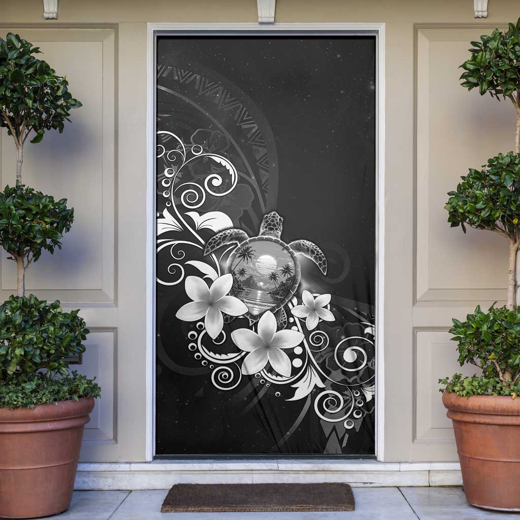 Hawaii Honu Door Cover Polynesian Curves Plumeria Grayscale - Polynesian Pride