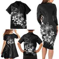 Hawaii Honu Family Matching Long Sleeve Bodycon Dress and Hawaiian Shirt Polynesian Curves Plumeria Grayscale - Polynesian Pride