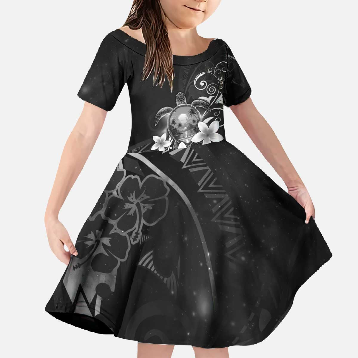 Hawaii Honu Family Matching Off The Shoulder Long Sleeve Dress and Hawaiian Shirt Polynesian Curves Plumeria Grayscale - Polynesian Pride