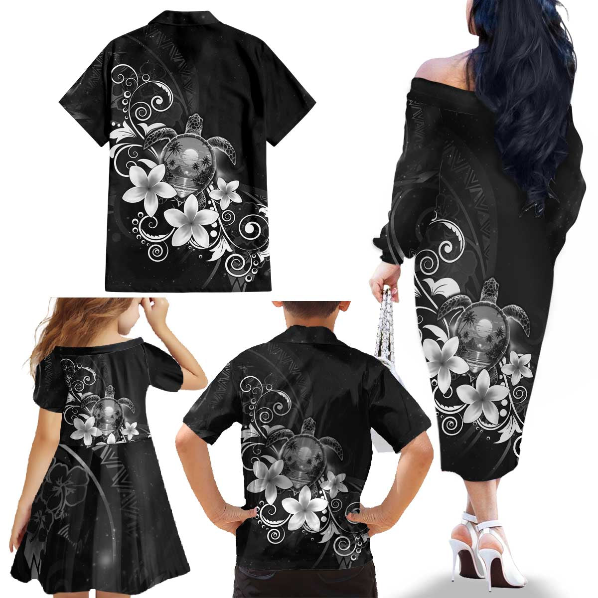 Hawaii Honu Family Matching Off The Shoulder Long Sleeve Dress and Hawaiian Shirt Polynesian Curves Plumeria Grayscale - Polynesian Pride
