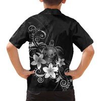 Hawaii Honu Family Matching Off Shoulder Short Dress and Hawaiian Shirt Polynesian Curves Plumeria Grayscale - Polynesian Pride